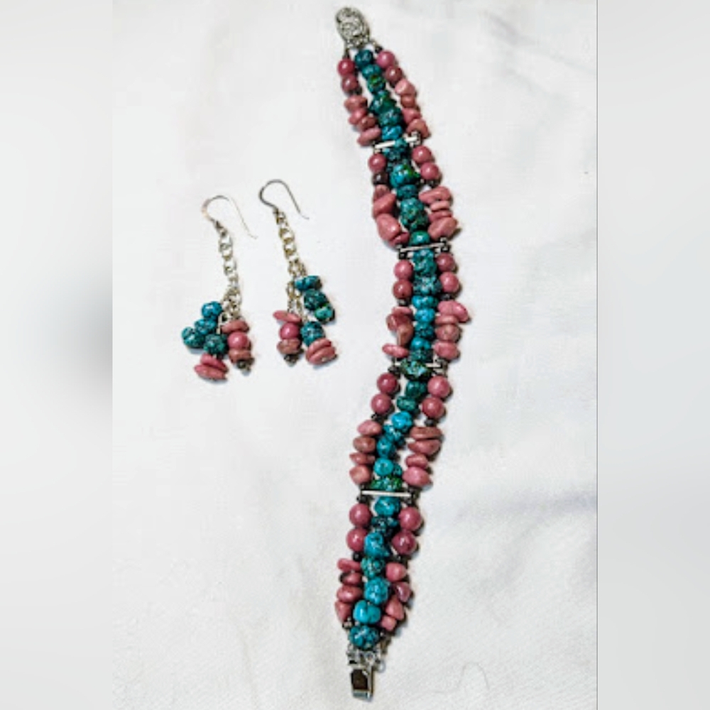 Turquoise, Rhodonite and Silver Genuine Gemstone Bracelet and Earrings Set